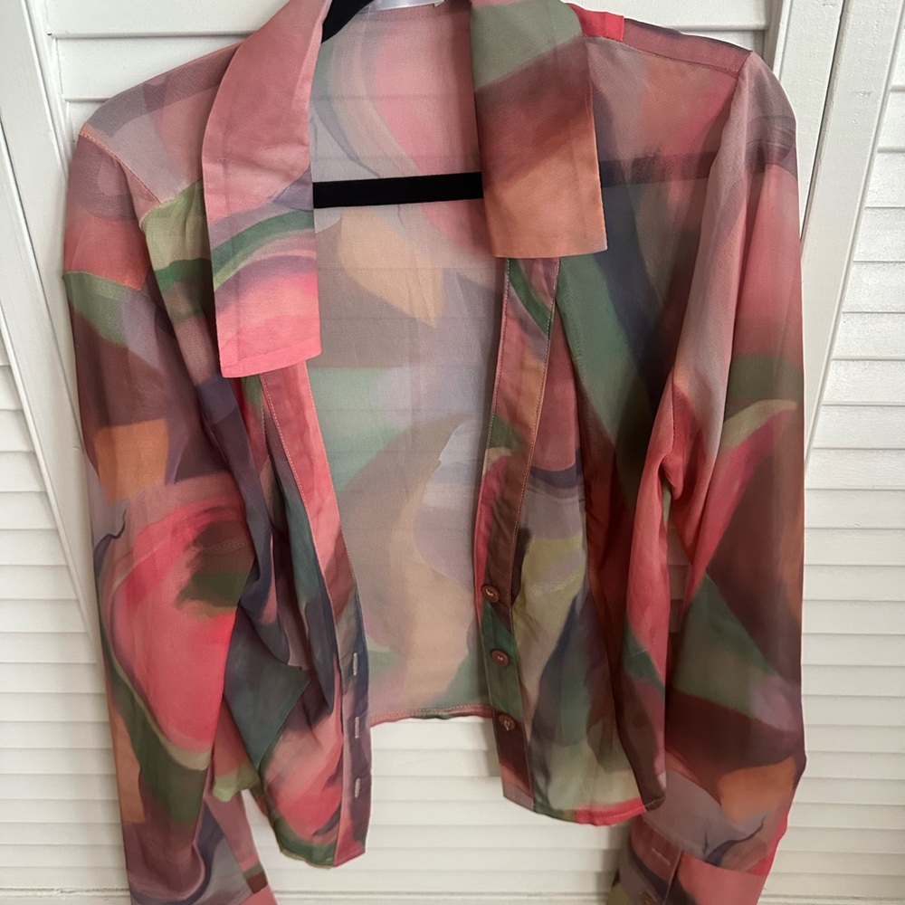 Colorful Sheer Button-Up Blouse